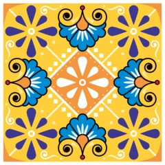 Stof per meter Mexican talavera style ceramic single tile vector seamless pattern with flowers and swrils, textile or fabric print design  © redkoala