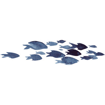Watercolor illustration with a flock of indigo fish on a transparent background. Underwater world.
