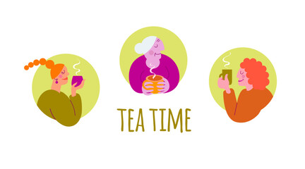 Three women - a girl, a woman, a grandmother drink tea. Hand drawn vector design icon set.