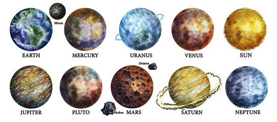 Hand Painted Watercolor Solar System Planets, Traditional Educational Astronomy Illustration © Viktoriia