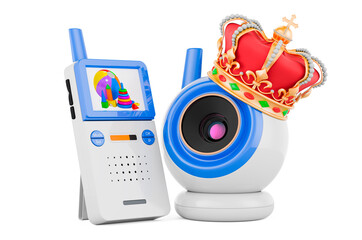 Baby cam and audio baby monitor with golden crown. 3D rendering