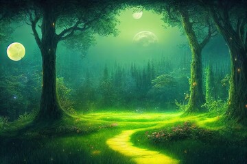 Fototapeta na wymiar Fantasy and magical enchanted fairy tale landscape with forest, fabulous fairytale mysterious background, glowing moon ray in dark night