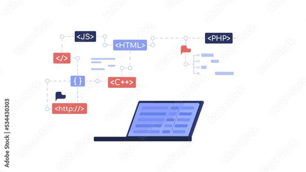 Poster animated coding on laptop object. programming languages. full sized flat elements hd video footage w