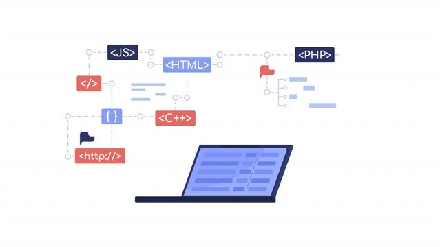 Animated coding on laptop object. Programming languages. Full sized flat elements HD video footage with alpha channel. Color cartoon style illustration on transparent background for animation