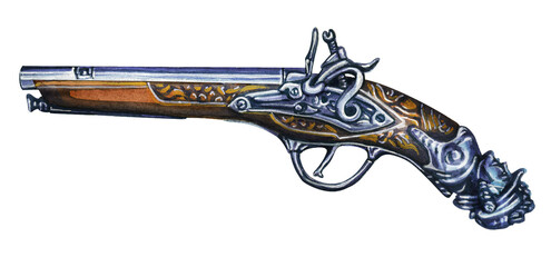 Antique revolver with openwork wood carvings and a handle in the form of a head. Firearm pistol. Watercolor drawing of a weapon isolated on a white background. - obrazy, fototapety, plakaty