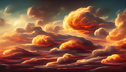 Fiery orange dramatic cloudy sunset sky. Colorful colors of dawn. Incredible beauty. A beautiful and colorful abstract nature background. Illustration 3d