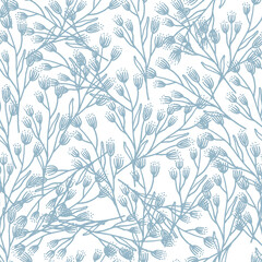 Seamless vector vintage pattern with blue flowers on a white background.