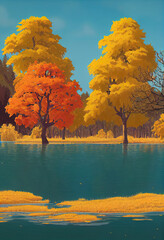 Autumn background. Lake or river with orange bushes and trees. Colorful tree branches. 3d illustration