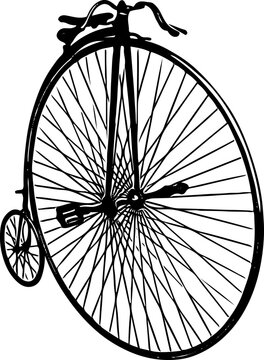 Silhouette of old velocipede, penny farthing bicycle outline vector illustration, Old retro big tyre cycle sketch drawing silhouette, Penny Farthing Bicycle cartoon doodle