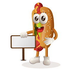 Cute hotdog mascot standing next to a billboard