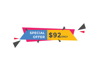 $92 USD Dollar Month sale promotion Banner. Special offer, 92 dollar month price tag, shop now button. Business or shopping promotion marketing concept
