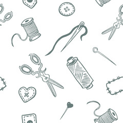 Seamless pattern set of accessories for sewing and handmade with dressmaking accessories.