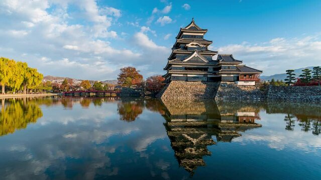 Time Lapse 4k of Matsumoto Castle with blue sky in Nagano, Japan. timelapse