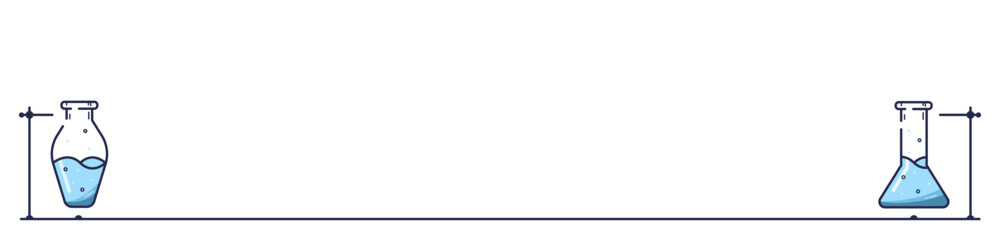 Border with glass chemistry flasks. Two different chemistry tubes.