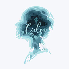 Paper cut layered woman head with woman sitting in yoga pose and enjoying nature, Business or mind psychology concept