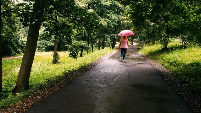 woman walking along a street in nature with an umbrella red