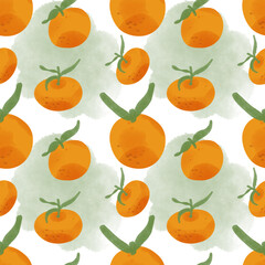Fresh organic orange seamless pattern. Hand drawn watercolor elements on white background. Citrus fruit illustration. Illustration for textile, pajamas, wrapping paper