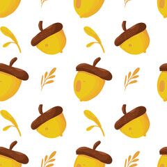 Stylish acorn seamless pattern. Acorns repeating on white background with autumn leaves. Vegetarian fabric design for textile, pajamas, wrapping paper