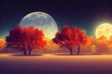 Amazing autumn landscape at night in moonlight, idyllic and peaceful nature scenery. Beautiful season fall background. 3D illustration.