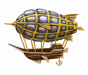Drawing fantasy airship with a flying ship. Watercolor drawing on a white background.  © Viktoriia