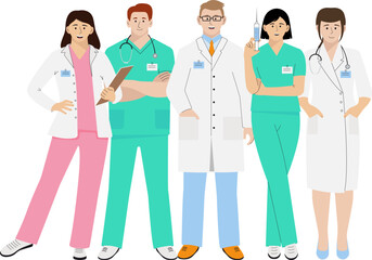 Doctor and nurse. The profession of medical workers. A group of male and female health workers