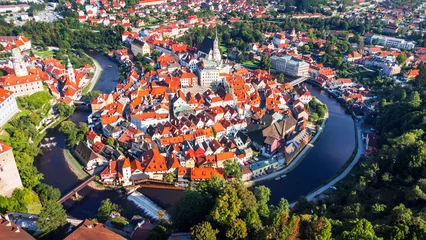 Fotobehang Cesky Krumlov, Czech Republic - Drone view of old town in Bohemia © ecstk22
