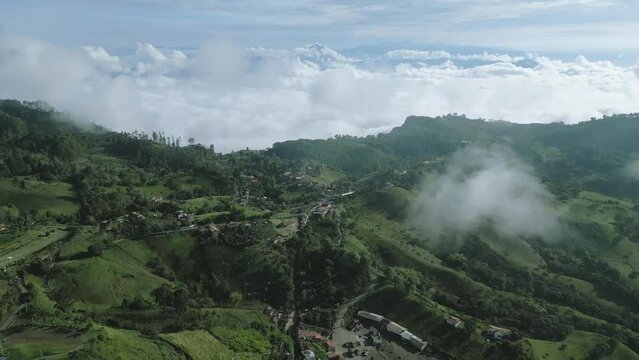Jerico aerial view of small little traditional Colombian town in the andes mountains travel destination from medellin