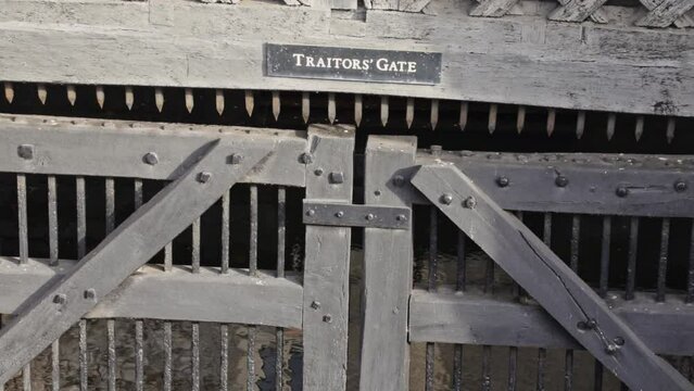 Close up of Traitors gate sign of the St. Thomas Tower, the entrance for prisoners to Tower of London, England, UK