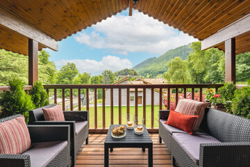 Beautiful view from a country house in the village. Terrace with chairs and table. View of mountains and forest.