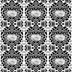 Seamless vector line art pattern made of black sketchy lines hand drawn lily flowers on white, retro style
