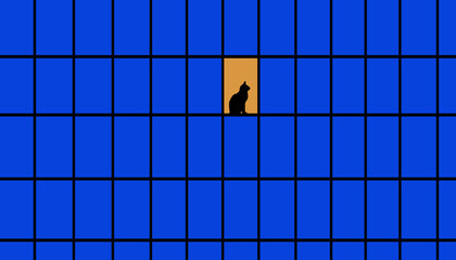 Wide-angle old school-type shot of a cat's silhouette sitting on a window. © mirzamlk