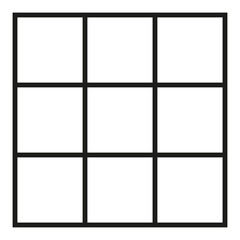 Black outlined square divided in nine parts, into ninths. 3x3 grid. Isolated png illustration, transparent background. Asset for overlay, montage, collage, presentation. Business concept.	