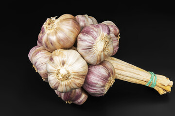A bunch of garlic photographed against a dark background