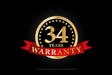 34 years golden warranty logo with ring and red ribbon isolated on black background, vector design for product warranty, guarantee, service, corporate, and your business.