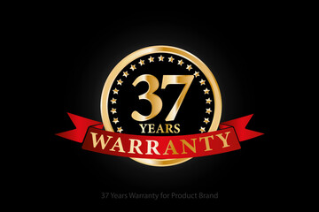37 years golden warranty logo with ring and red ribbon isolated on black background, vector design for product warranty, guarantee, service, corporate, and your business.