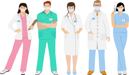 Doctor and nurse. The profession of medical workers. A group of male and female health workers