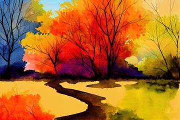 Obraz na płótnie Canvas Illustration painting colorful autumn, summer season nature background. Abstract art image of forest, tree with yellow, red leaf, blue cloud in sky and lake with watercolor paint. Outdoor landscape