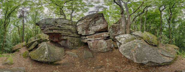 Gruppe von grossen Felsen auf einer Kuppe im Wald