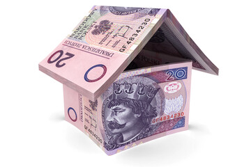 Domek złożony z banknotów 20 PLN