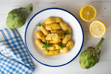 Breaded artichokes cover. Typical Spanish vegan tapas.