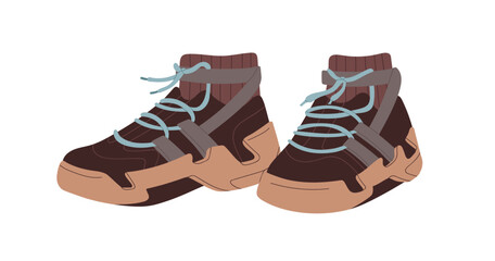 Sneakers, comfortable sport shoes. Modern comfort footwear. Fashion athletic footgear pair, hiking ankle-length trainers. Trendy foot wear. Flat vector illustration isolated on white background