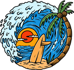 Illustration of palm with wave and surfing deck. Vector illustration