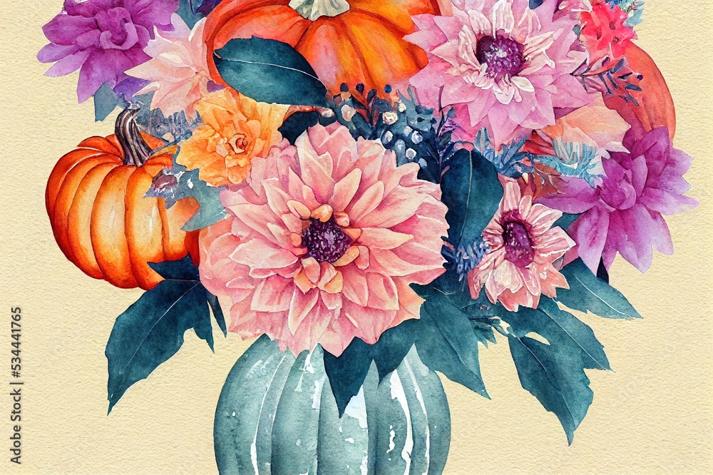 Poster Watercolor floral autumn bouquet with pastel pumpkin and flowers in rustic style. Fall arrangement illustration, isolated.