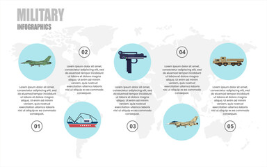 Infographic template for military and equipment with 5 options. business web design, brochure, presentation