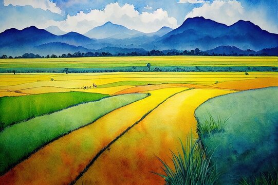 Watercolor landscape original paintings on paper colorful of rice field, farmer farm tractor with mountain and sky, cloud background. Hand painted beautiful nature spring season in Thailand.