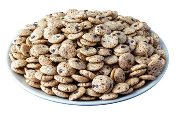 A plate of round shaped chocolate flavored flakes with minerals