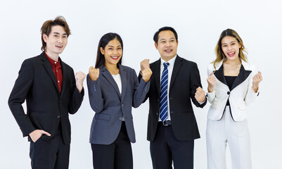 Studio shot Millennial Asian cheerful successful professional male businessmen and female businesswomen in formal suit standing posing side by side smiling together on white background