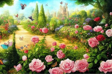 Beautiful summer landscape of wonderland.Fantastic mystical garden with roses and butterflies - obrazy, fototapety, plakaty