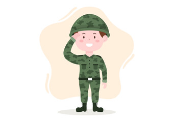 Military Army Force Template Hand Drawn Cute Cartoon Flat Illustration with Soldier, Weapon, Tank or Protective Heavy Equipment