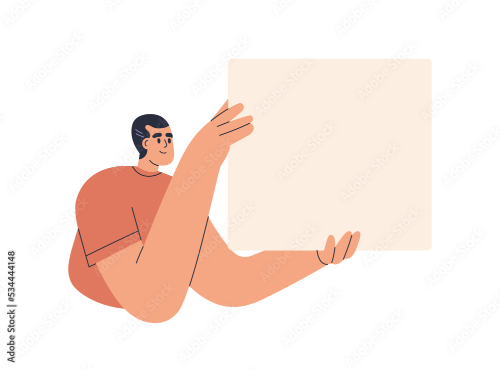 Poster man holding blank sheet of paper. young person presenting, advertising smth abstract on empty backgr